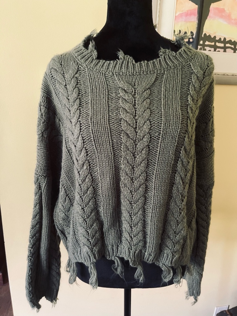 Sage Green Distressed Cable Scoop Sweater